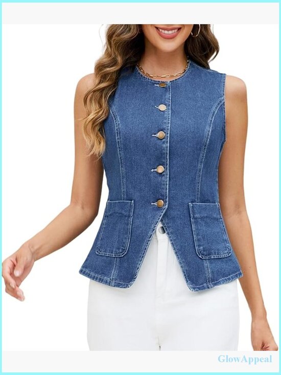 Jackets & Blazers - Sleeveless Denim Vest Top Button Down Western Cropped Jean Waistcoat